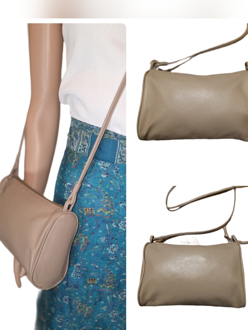 Vintage Minimalist 90s Leather Shoulder Bag -Taupe Beige EUC